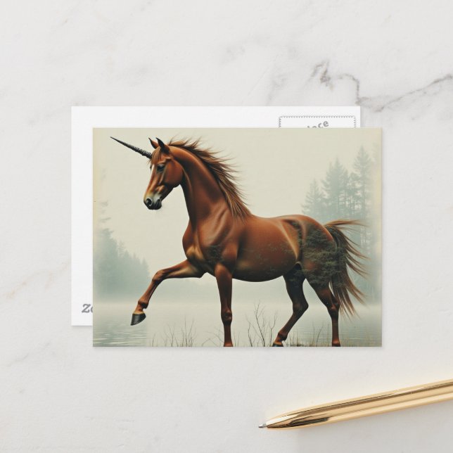 Carte Postale La licorne brune en double exposition (Devant/Arrière en situation)