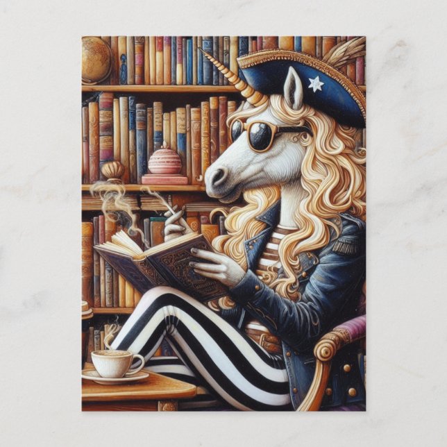 Carte Postale La licorne pirate avec café dans une librairie (Devant)