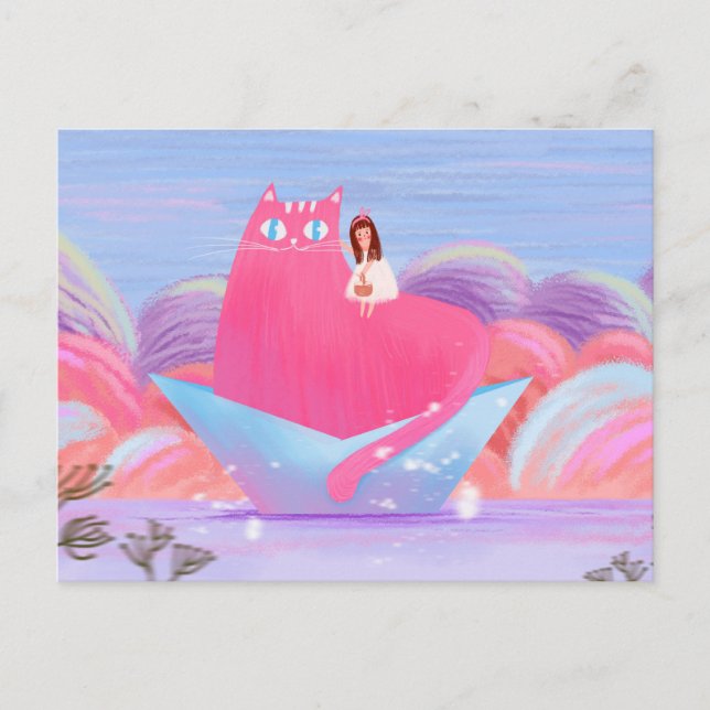 Carte Postale La mignonne fille et le gros chat (Devant)