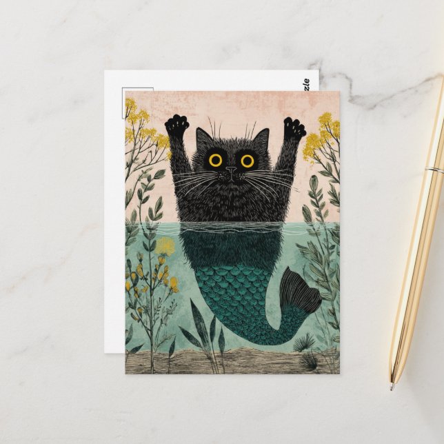 Carte Postale La Mignonne Kitty Sirène (Devant/Arrière en situation)