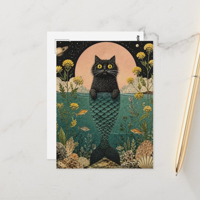 Carte Postale La Mignonne Kitty Sirène Noire (Devant/Arrière en situation)