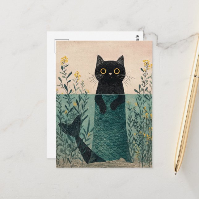 Carte Postale La Mignonne Sirène Chatte Noire (Devant/Arrière en situation)