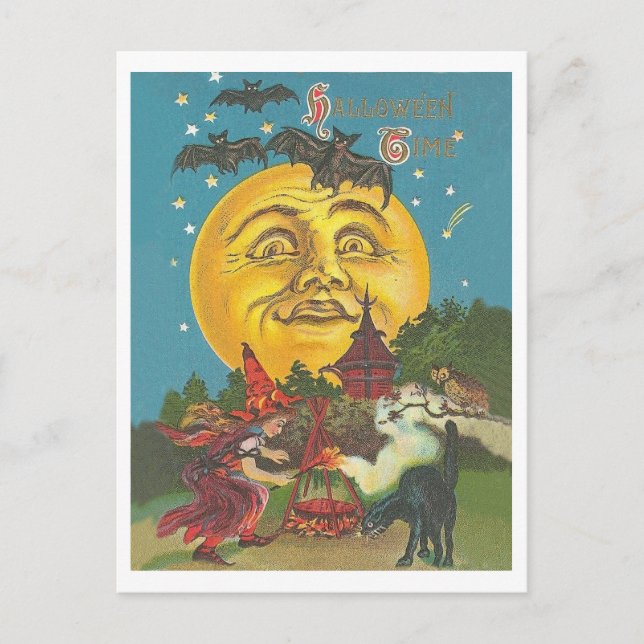 Carte Postale La période d'Halloween, jeune sorcière à la pleine (Devant)