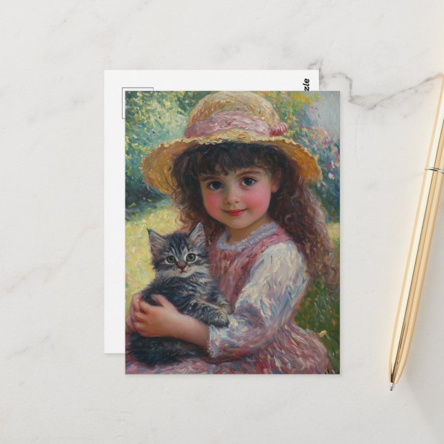 Carte Postale La petite fille adorable et son chat (Devant/Arrière en situation)