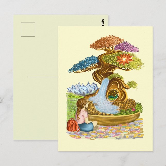 Carte Postale La petite fille et son Bonzaï géant. (Devant / Derrière)