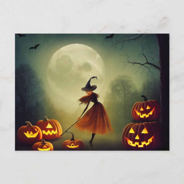 Carte Postale La petite sorcière danse entre Halloween Citrouill (Devant)
