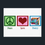 Carte Postale La poésie de l'amour pour la paix<br><div class="desc">Un signe de paix,  un coeur,  et une quill avec du papier est un design mignon à donner à un poète.</div>