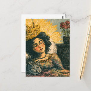 Carte Postale La Reine Endormie et son Chat