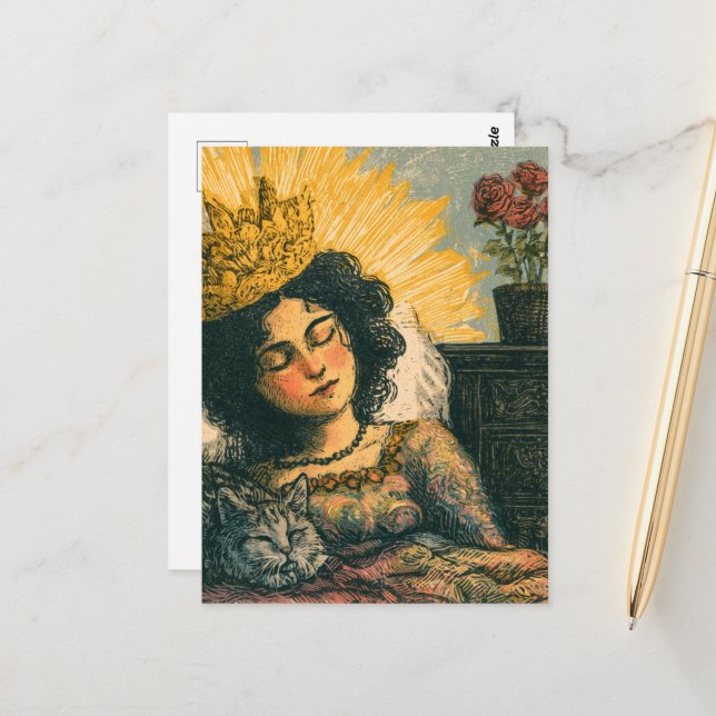Carte Postale La Reine Endormie et son Chat (Devant/Arrière en situation)