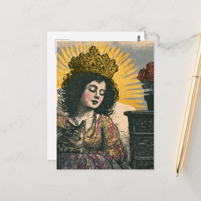 Carte Postale La Reine Endormie et son Chat (Devant/Arrière en situation)
