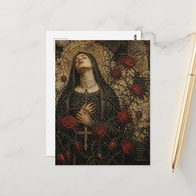 Carte Postale La Religieuse et les Roses Rouges (Devant/Arrière en situation)