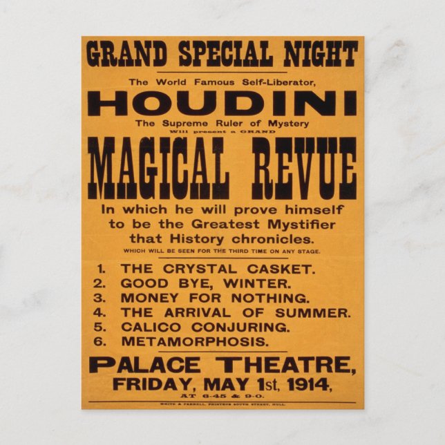 Carte Postale La Revue Magique de Houdini, 1914 (Devant)