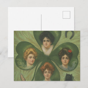Carte Postale La Saint-Patrick Art Vintage Dame Chance Trèfle