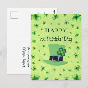 Carte Postale La Saint-Patrick Trèfle aquarelle sur fond vert