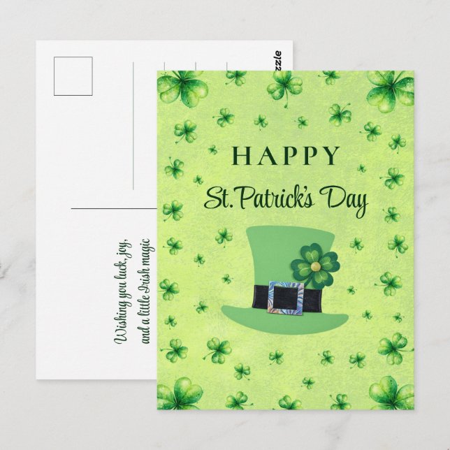 Carte Postale La Saint-Patrick Trèfle aquarelle sur fond vert (Devant / Derrière)