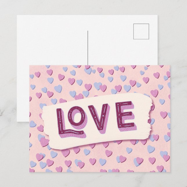 Carte Postale La Saint-Valentin Amour Cœurs Roses et Bleus (Devant / Derrière)