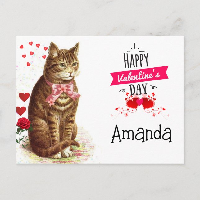 Carte Postale La Saint-Valentin Enfants Cœurs et Chat (Devant)