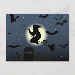 Carte Postale la scène d'Halloween de la sorcière volante