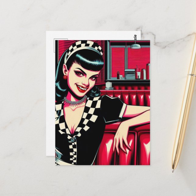 Carte Postale La serveuse vampire au Retro Diner (Devant/Arrière en situation)