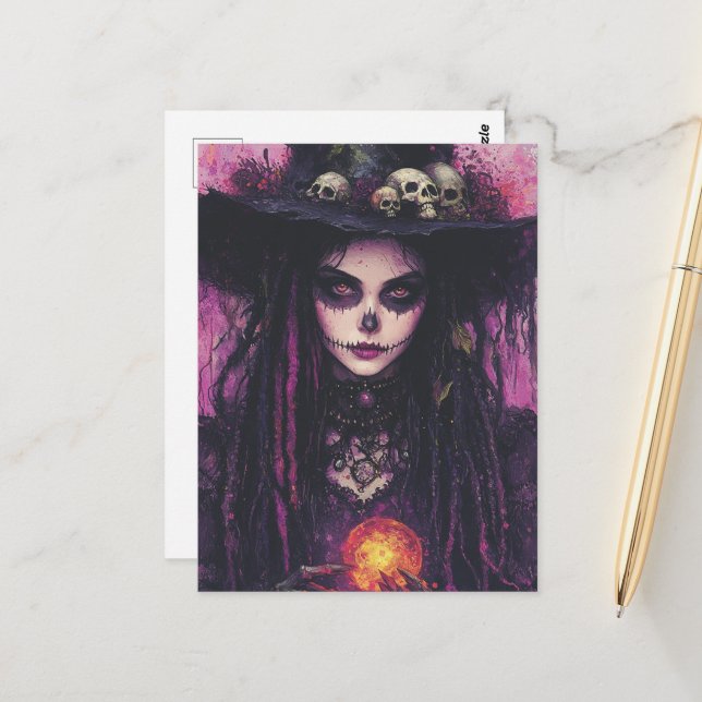Carte Postale La Sorcière Avec Magie (Devant/Arrière en situation)