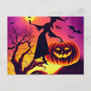 Carte Postale La sorcière d'Halloween danse avec la citrouille a