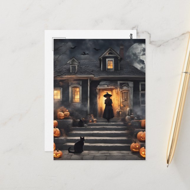 Carte Postale La sorcière d'Halloween et la maison hantée (Devant/Arrière en situation)