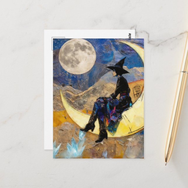 Carte Postale La Sorcière sur la Lune devant la lune Collage (Devant/Arrière en situation)