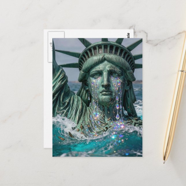 Carte Postale La statue de la Liberté pleure et fond dans l'eau (Devant/Arrière en situation)