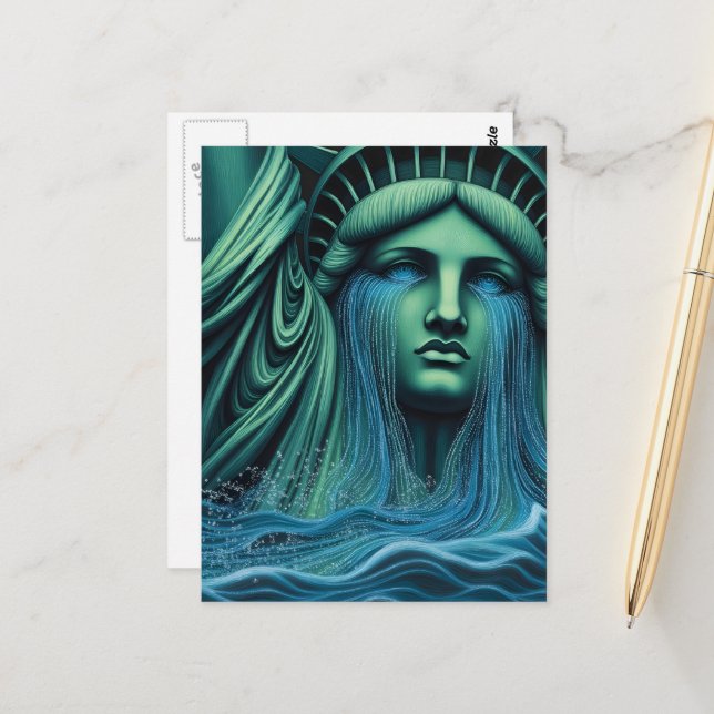 Carte Postale La Statue de la Liberté pleure surréalisme (Devant/Arrière en situation)