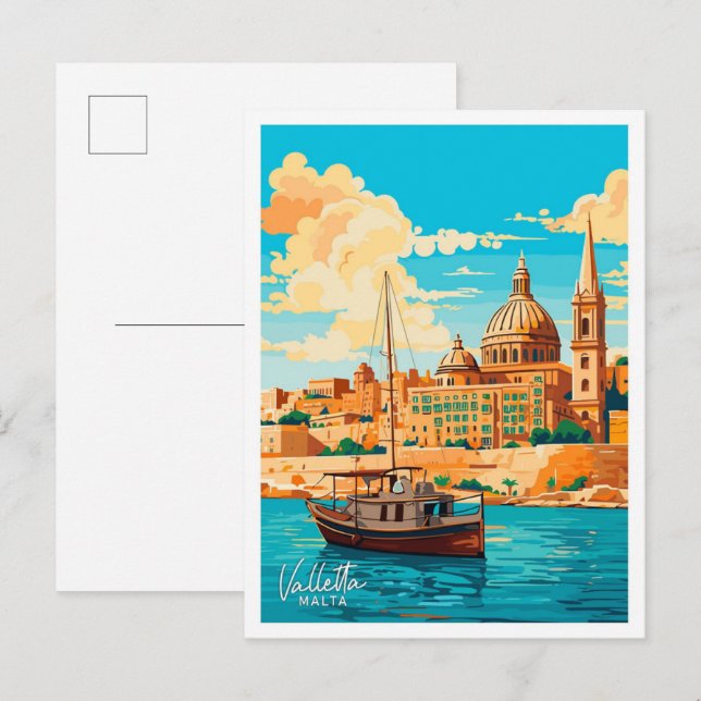 Carte Postale La Valette Malte Voyage Vintage illustration (Devant / Derrière)