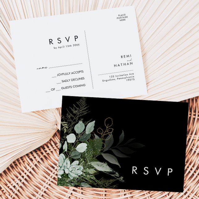 Carte Postale La verdure et la feuille d'or | Black Wedding RSVP (Créateur téléchargé)