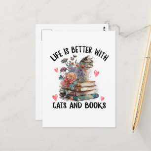 Carte Postale La vie est meilleure avec les chats et les livres 