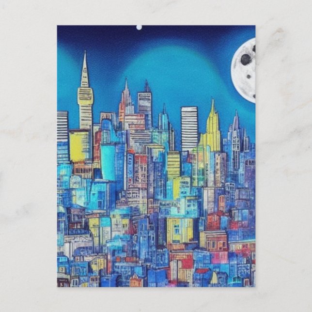 Carte Postale La ville de nuit A.I. travaille juste pour vous. (Devant)