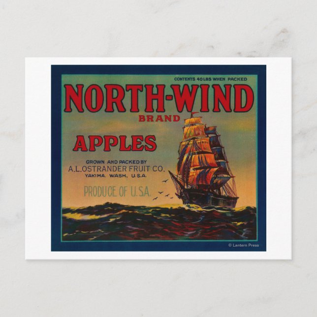 Carte Postale Label North Wind Apple CrateYakima, WA (Devant)