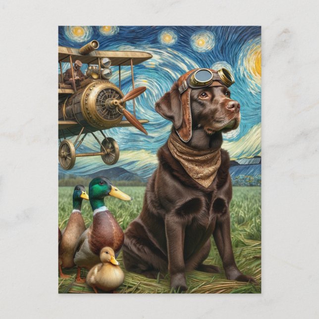 Carte Postale Labrador chocolat steampunk Van Gogh (Devant)
