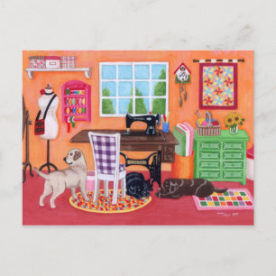 Carte Postale Labradors dans la salle de couture de maman