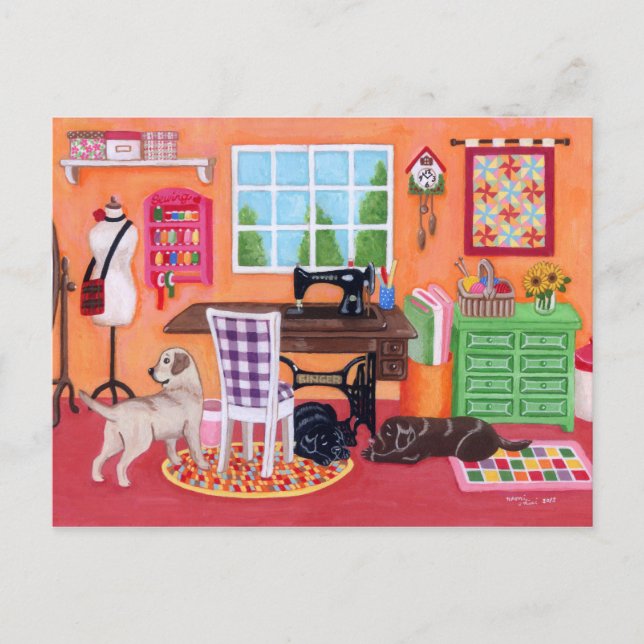 Carte Postale Labradors dans la salle de couture de maman (Devant)