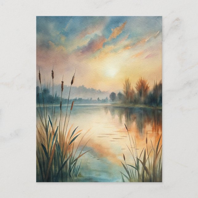 Carte Postale Lac aquarelle Lever de soleil Paisible  (Devant)