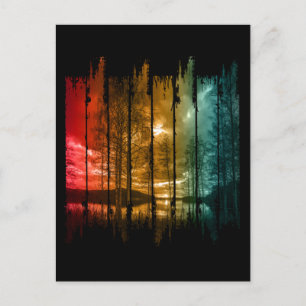 CARTE POSTALE LAC ARBRES COUCHER DE SOLEIL VINTAGE