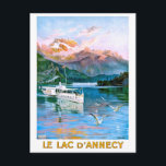 Carte Postale Lac d'Annecy, voilier, France, voyage vintage<br><div class="desc">Le lac d'Annecy,  dans la région de Haute-Savoie en France,  est alimenté par des sources de montagne et connu pour ses eaux cristallines. À son extrémité nord,  Annecy possède une vieille ville médiévale avec des canaux et des ponts.</div>