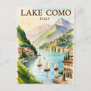 Carte Postale Lac de Côme Italie Art Voyage aquarelle vintage