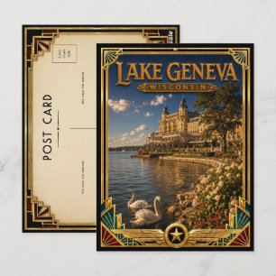 Carte Postale Lac de Genève Wisconsin Art Déco Vintage Âge d'Or