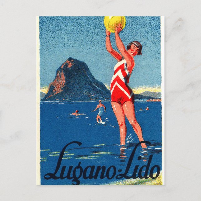 Carte Postale Lac de Lugano, plage, fille avec ballon de plage,  (Devant)
