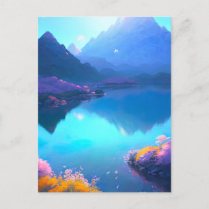 Carte Postale Lac de montagne avec Fleurs sauvages florissants