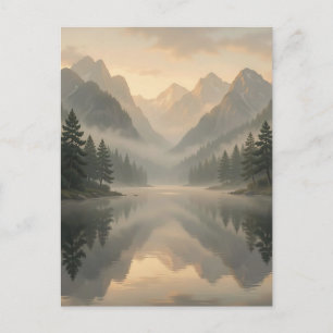 Carte Postale Lac de montagne brumeux, forêt de pins, lever de s