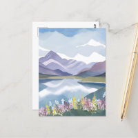 Lac de montagne | Paysage aquarelle floral