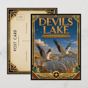 Carte Postale Lac des Diables Dakota du Nord Art Déco Doré Vinta