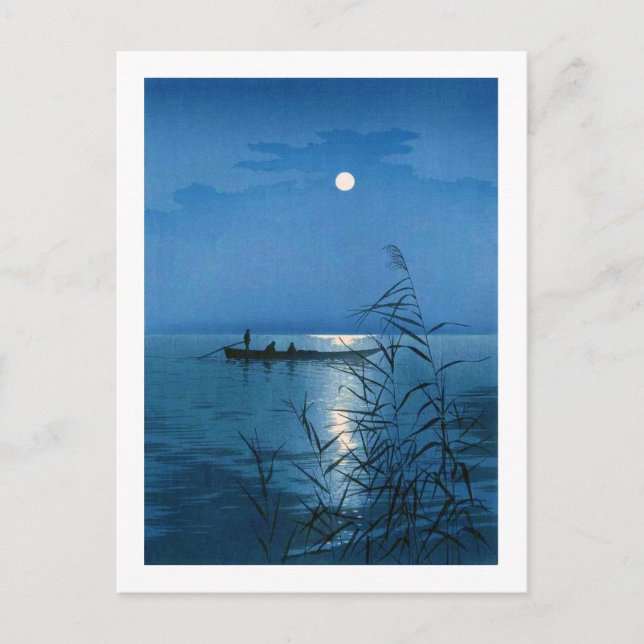 Carte Postale Lac Reed et Pleine lune, Koho Shoda, coupe à bois (Devant)