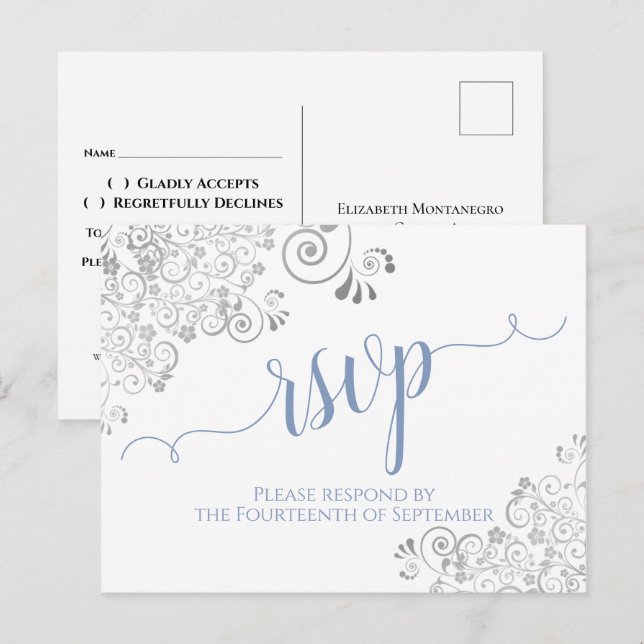 Carte Postale Lacy Calligraphie Bleu clair sur le mariage blanc  (Devant / Derrière)