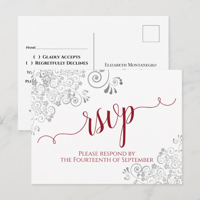 Carte Postale Lacy Calligraphie Rouge & Blanc Mariage RSVP (Devant / Derrière)
